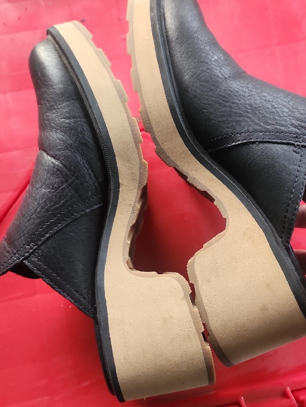 Black Sorel Leather Slip-On Mule with Tan Platform Heel - Picture 5 of 7